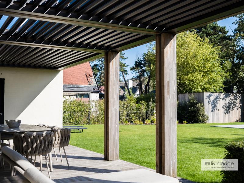 A modern wood canopy provides protection from the sun