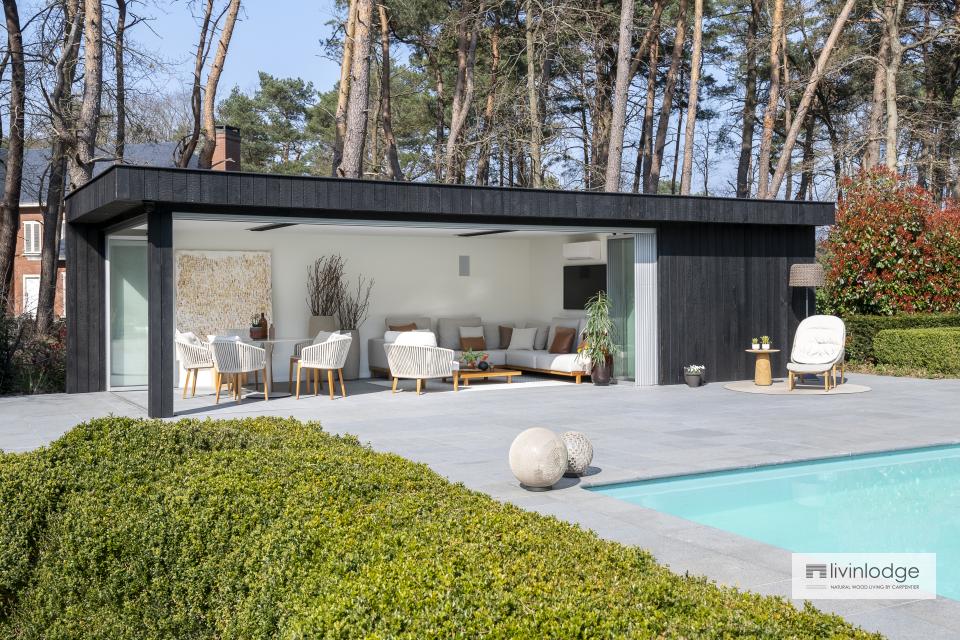 Comfortable modern pool house in charred wood