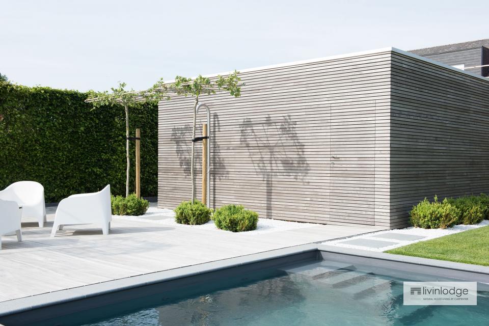 Minimalist pool house and garden storage shed, Merchtem