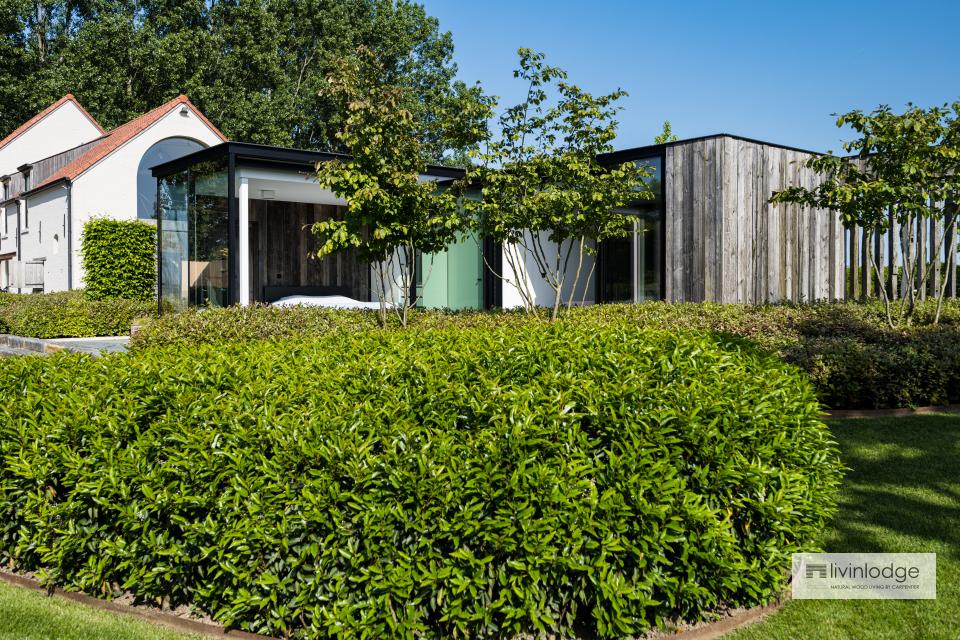 Modern wooden outbuilding with barnwood cladding 